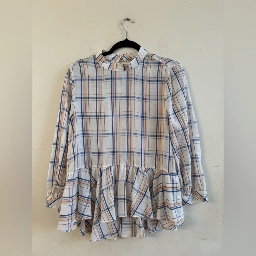 Anthropologie Maeve Plaid Peplum Ruffle Hem Top White Sz 6 preppy sku 520 - Picture 5 of 7